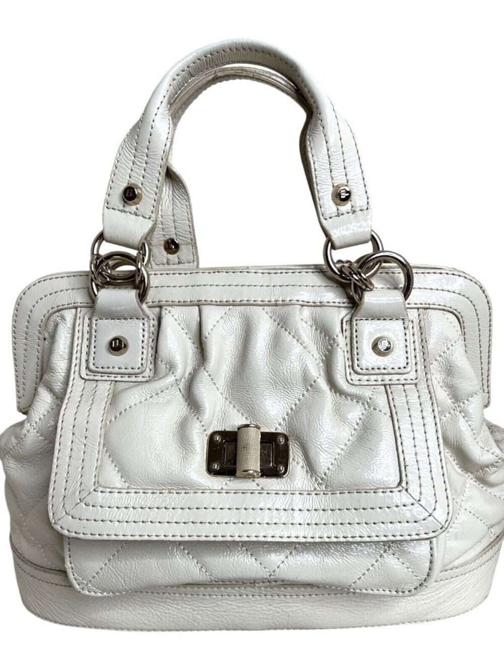 Elliott Lucca Quilted White Patent Leather Handbag W/Dual Handles & Flap Closure